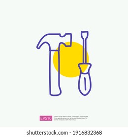 engineering related concept doodle icon with hammer and screw. maintenance and equipment sign symbol. fill color line vector illustration