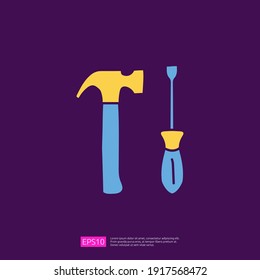 icono de doodle de concepto relacionado con ingeniería con martillo y tornillo. símbolo de señal de mantenimiento y equipo. ilustración vectorial de línea de color de relleno