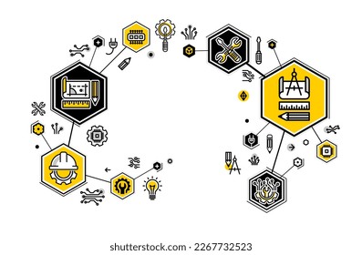 Engineering and repairing some technology system vector illustration, fixing mechanical and hardware problems.