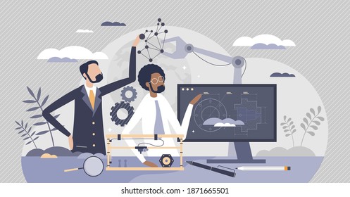 Engineering researchers as new innovation testing and development process tiny person concept. Technological optimization, analysis, presentation to investor and gear investigation vector illustration