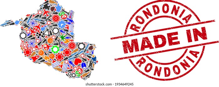 Mosaico de mapas del estado de Rondonia de ingeniería y sello de estampado MADE IN grunge. Resumen de mapas del estado de Rondonia formado con llaves, ruedas de engranajes, destornilladores, componentes, coches, pernos eléctricos, detalles.