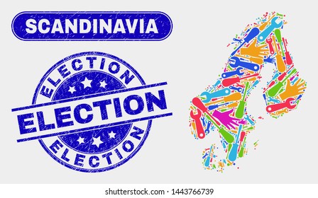 Engineering Scandinavia map and blue Election scratched stamp. Colorful vector Scandinavia map mosaic of engineering. Blue round Election stamp.
