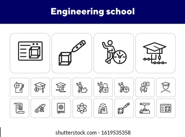 Engineering school line icon set. Gear, graduation hat, diploma, mechanism. Engineering concept. Can be used for topics like education, college, technical occupation