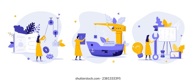 Engineering science flat concept vector illustrations set. Construction technology development cartoon composition. Mechanical equipment of building creative idea for website, presentation