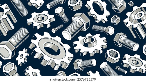 Engineering seamless background, invention and modification theme vector endless wallpaper with bolts and gears, elements easy to use separately, repair and maintenance.