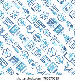 Engineering seamless pattern with thin line icons: engineer, electronics, calculations, tools, repair, idea, it server. Modern vector illustration for web page, banner, print media.