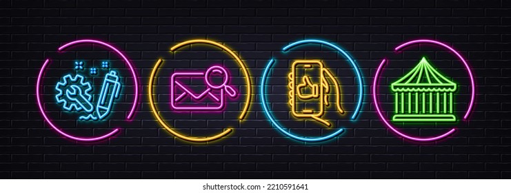 Engineering, Search mail and Like app minimal line icons. Neon laser 3d lights. Carousels icons. For web, application, printing. Construction, Find letter, Smartphone thumbs up. Vector