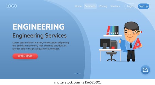 Engineering Services website template. Illustration of a cartoon engineer with blueprint in the office near the table. Composition with a professional. Flat male character.