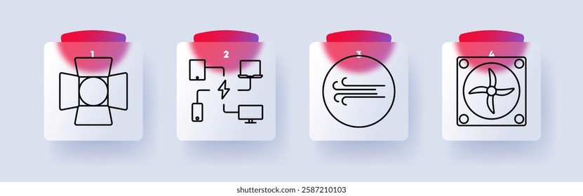 Engineering set icon. Studio light, electrical network, airflow, cooling fan, ventilation, system, technology, hardware, electricity, mechanics, infrastructure