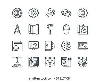 Engineering. Set of outline vector icons. Includes such as Manufacturing, Engineer, Tool, Production, Settings and other. Editable Stroke. 48x48 Pixel Perfect.