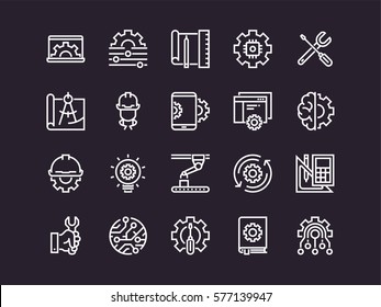 Engineering. Set of outline vector icons. Includes such as Manufacturing, Engineer, Tool, Production, Settings and other.