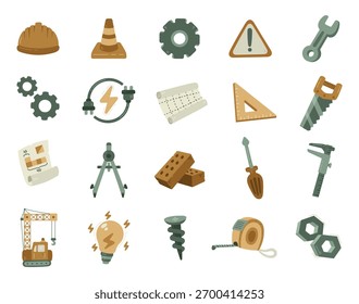 Conjunto de engenharia em estilo escandinavo mostrando várias ferramentas mecânicas, materiais de construção, instrumentos, plantas e equipamentos de segurança para sua educação técnica e projetos industriais