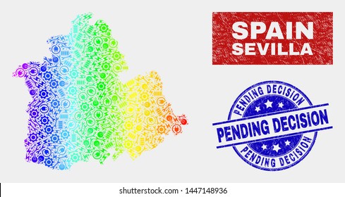 Engineering Sevilla Province map and blue Pending Decision distress seal. Spectrum gradient vector Sevilla Province map mosaic of engineering. Blue rounded Pending Decision rubber.