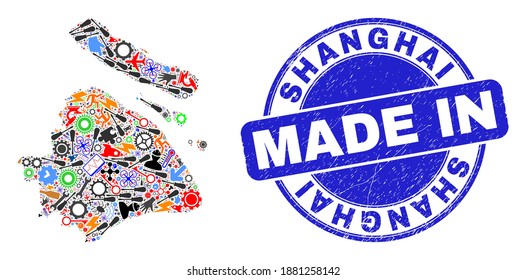 Ingeniería del mosaico del mapa de la ciudad de Shanghai y sello de sellado de sellos de emergencia MADE. Composición del mapa de la ciudad de Shanghai compuesta por esparadores, ruedas, destornilladores, componentes, coches, huelgas eléctricas, cohetes.