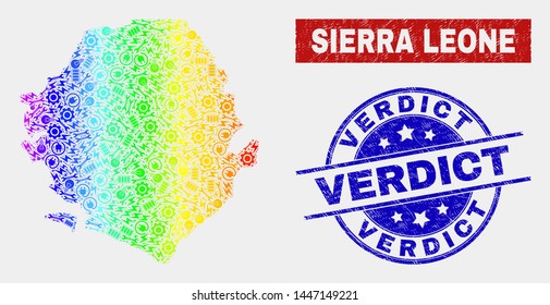 Engineering Sierra Leone map and blue Verdict grunge seal stamp. Spectral gradient vector Sierra Leone map mosaic of equipment components. Blue round Verdict stamp.