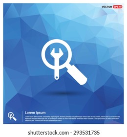 engineering sign Search Wrench icon - abstract logo type icon - blue polygonal background. Vector illustration