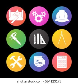 Engineering silhouette icons set. Drawing, gears, helmet, caliper, divider, hammer and wrench, measuring tape, calculator, pencil with rulers. Smart watch UI style.