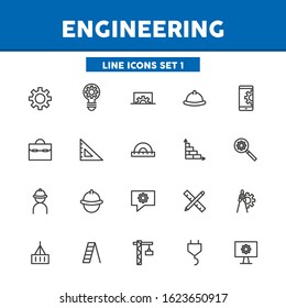 Engineering simple set thin line icons.  Concept of construction, manufacturing. Vector illustration symbol elements for web design and apps
