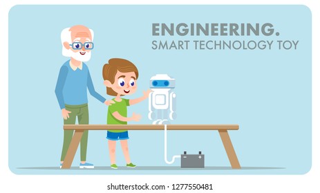 Engineering Smart Technology Toy Robot. Digital Innovation. Grandfather Character with Robotics Technology Education and Early Student Grandson Creating Invention Scientific School Project.