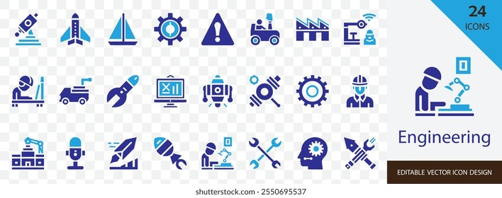 Engineering solid  icon set. containing engineer, tools, construction, mechanical, industrial, worker, problem solving and more vector design