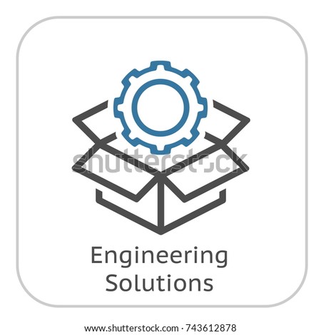 Engineering Solutions Icon. Gear and Cardbox. Product Symbol. Flat Line Pictogram. Isolated on white background.