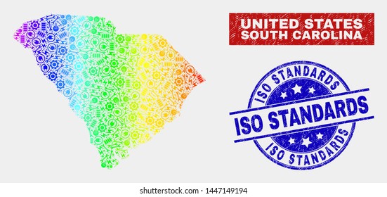 Engineering South Carolina State map and blue ISO Standards scratched seal. Spectrum gradiented vector South Carolina State map mosaic of mechanic. Blue round ISO Standards seal.