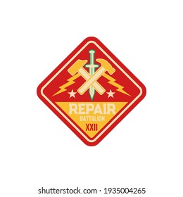 Engineering squadron repair battalion army patch with crossed hammers and sword isolated patch on military uniform. Vector engineers division squad of special elite forces, engineer troops emblem