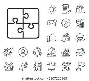 Engineering strategy sign. Salaryman, gender equality and alert bell outline icons. Puzzle line icon. Puzzle line sign. Spy or profile placeholder icon. Online support, strike. Vector