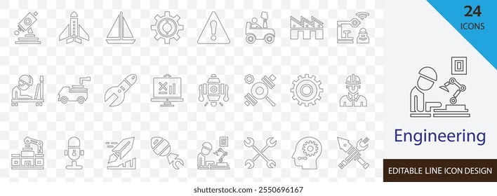 Engineering stroke icon set. containing engineer, tools, construction, mechanical, industrial, worker, problem solving and more editable icons