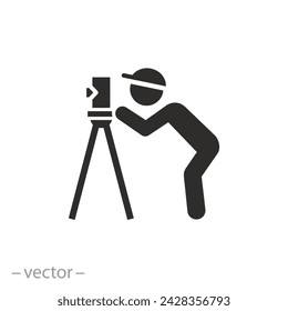 engineering survey specialist icon, measure with alignment laser tripod, land surveyor, geodesy work, flat symbol - vector illustration