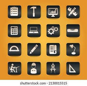 Engineering symbols on black buttons on yellow background