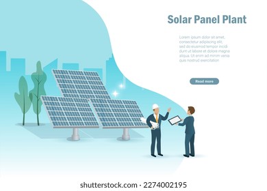 Engineering team discuss on solar panel plant. Green and clean energy for sustainable environment. Ecology and environment concept.