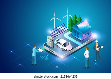 Engineering team discussing on green alternative consumption energy with solar panel, wind turbine and EV car on smartphone. Sustainable environment, circular economy and green technology. 