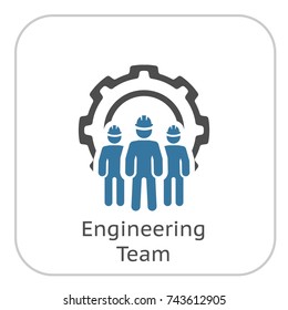 Engineering Team Icon. Three Men and Cog Wheel. Development Symbol. Flat Line Pictogram. Isolated on white background.