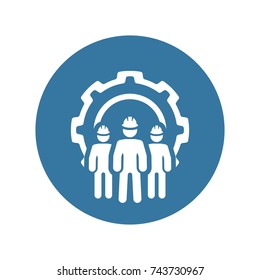 Engineering Team Icon. Three Men and Cog Wheel. Development Symbol. Flat Line Pictogram. Isolated on white background.