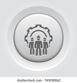 Engineering Team Icon. Three Men and Cog Wheel. Development Symbol. Flat Line Pictogram. Isolated on white background. Grey Button Design.