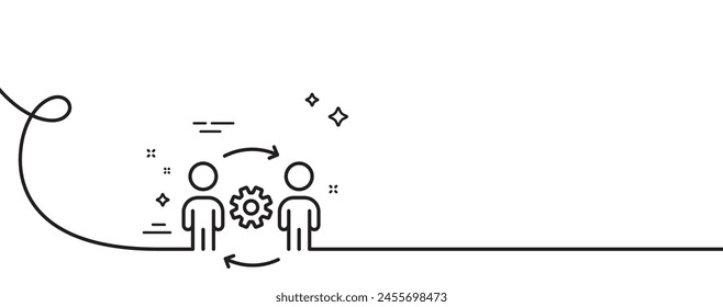 Symbol für Konstruktionsteam-Position. Durchgehend eine Zeile mit Curl. Signatur der Ingenieur- oder Architektengruppe. Symbol für den Arbeitsprozess. Ingenieurteam - eine einzige Umrissleiste. Loop-Kurvenmuster. Vektorgrafik