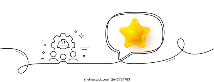 Engineering team line icon. Continuous line with 3d star. Engineer or architect group sign. Construction helmet symbol. 3d star in speech bubble. Engineering team single line ribbon. Vector