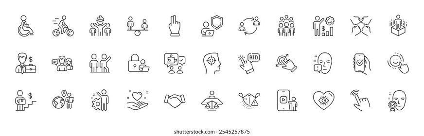 Engineering team, Teamwork and Cursor line icons. Pack of Touchscreen gesture, Smile, Face attention icon. Outsource work, Delivery man, Medical mask pictogram. Puzzle, Squad, Face verified. Vector