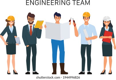 Engineering teamwork flat character. Animation cartoon vector.