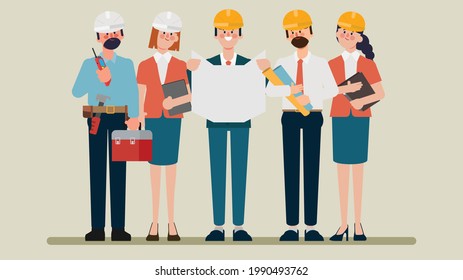 Engineering teamwork flat character. Animation cartoon vector.