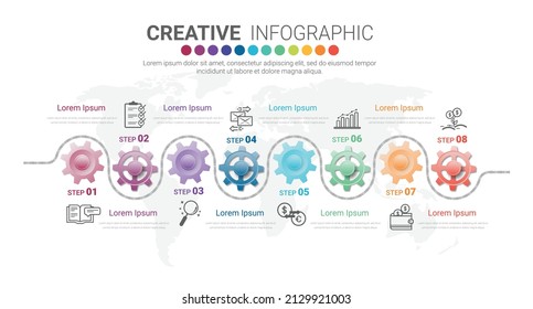 Engineering tech progress business presentation 8 steps. Cogwheel connection banner, gear infographic illustration.