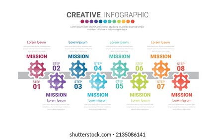 Engineering Tech Progress Business Presentation 8 Steps. Cogwheel Connection Banner, Gear Infographic Illustration.