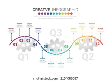 Engineering tech progress business presentation 12 steps. Cogwheel connection banner, gear infographic illustration.