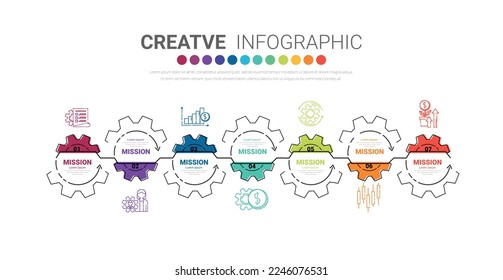 Engineering tech progress business presentation 7 steps. Cogwheel connection banner, gear infographic illustration.