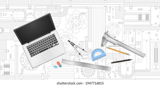 Engineering technical banner .Rotating gears.Technical drawing background.Laptop and technological tool.Vector illustration .	
