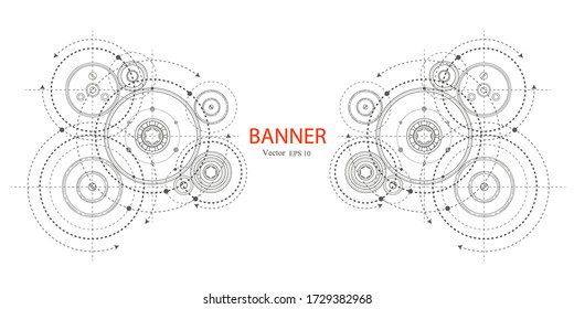 Engineering technical drawing on a white background. Rotating mechanism of round parts .Gears on a white background .