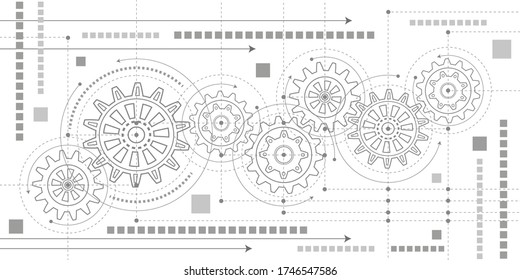 Engineering technical drawing on a white background.Technical drawing of gears . Rotating mechanism of round parts .Vector illustration.