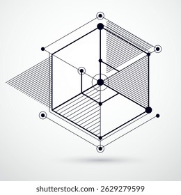 Engineering technological black and white vector 3D wallpaper made with cubes and lines. Illustration of engineering system, abstract technological backdrop. Abstract technical background.