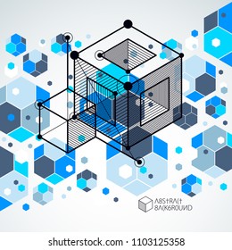 Engineering technological blue vector 3D wallpaper made with cubes and lines. Illustration of engineering system, abstract technological backdrop. Abstract technical background.